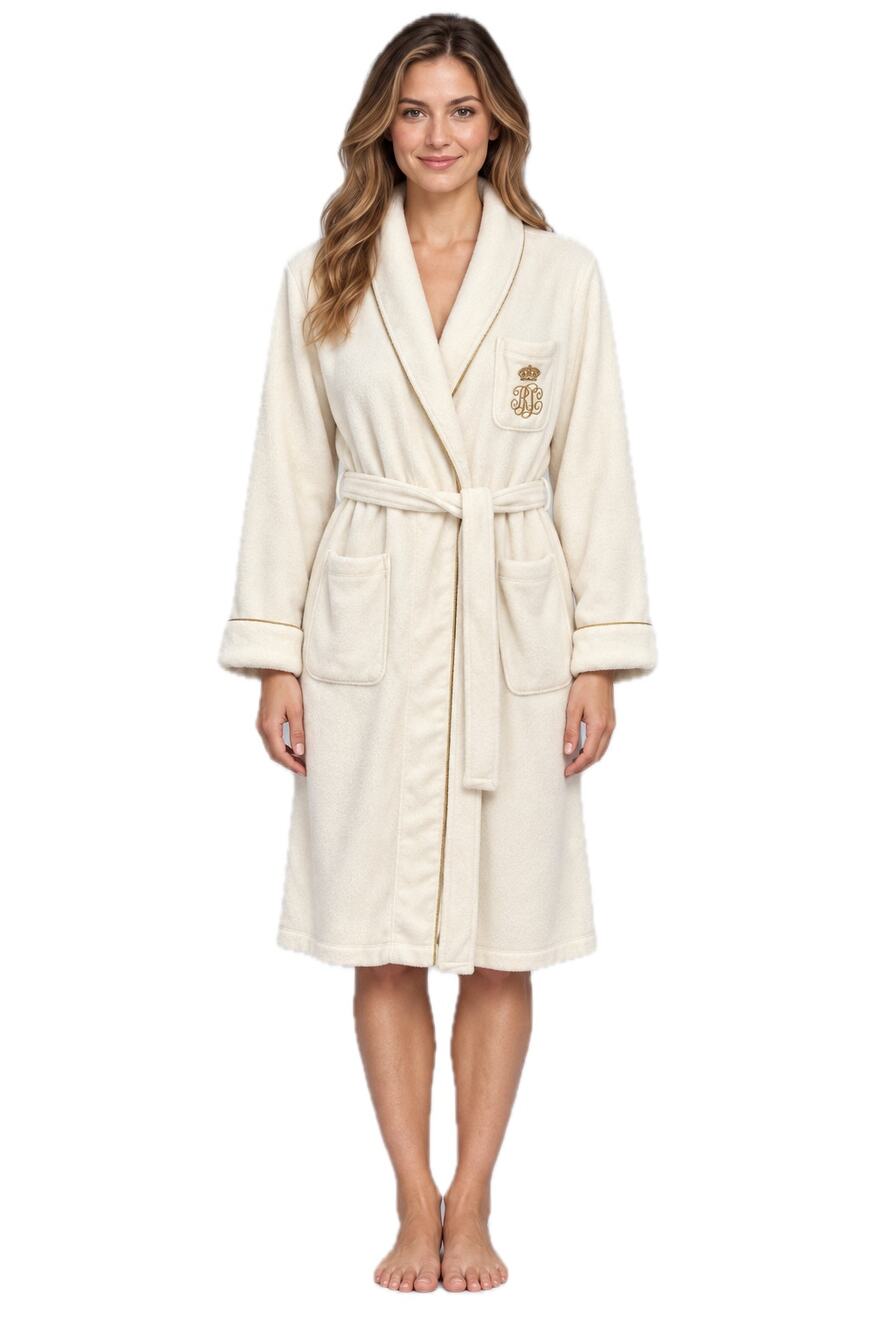 Lauren Ralph Lauren Plush Fleece Bathrobe Cream Crown Monogram Gold Trim Women L
